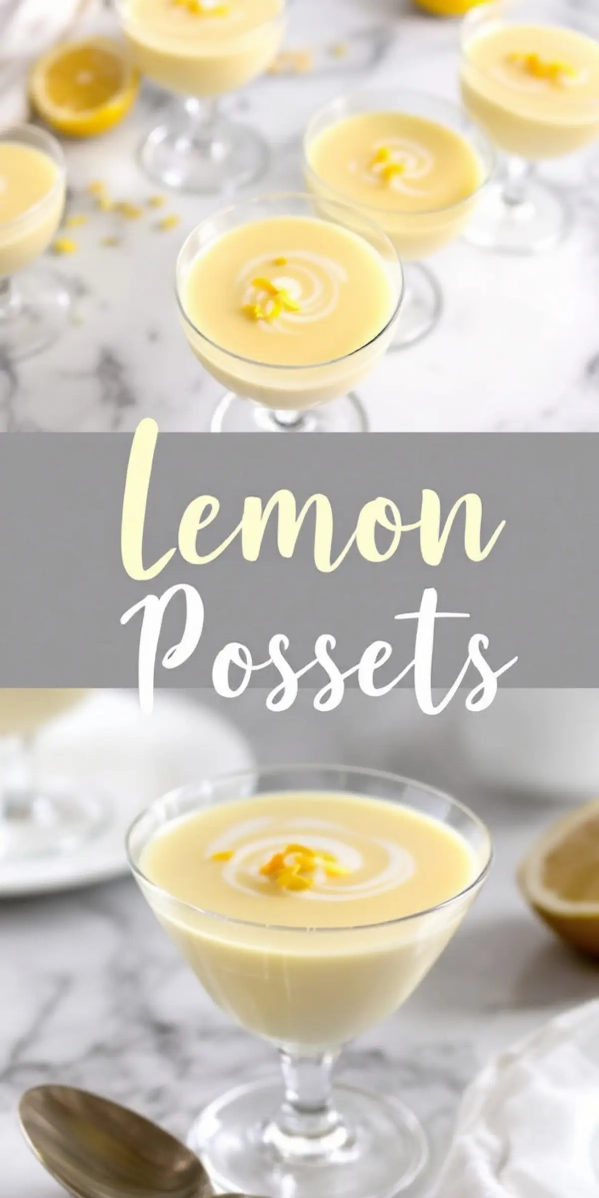 Collage image of lemon possets in glass cups garnished with lemon zest and white cream swirl, with a central text overlay reading “Lemon Possets,” styled on a marble background with citrus accents.
