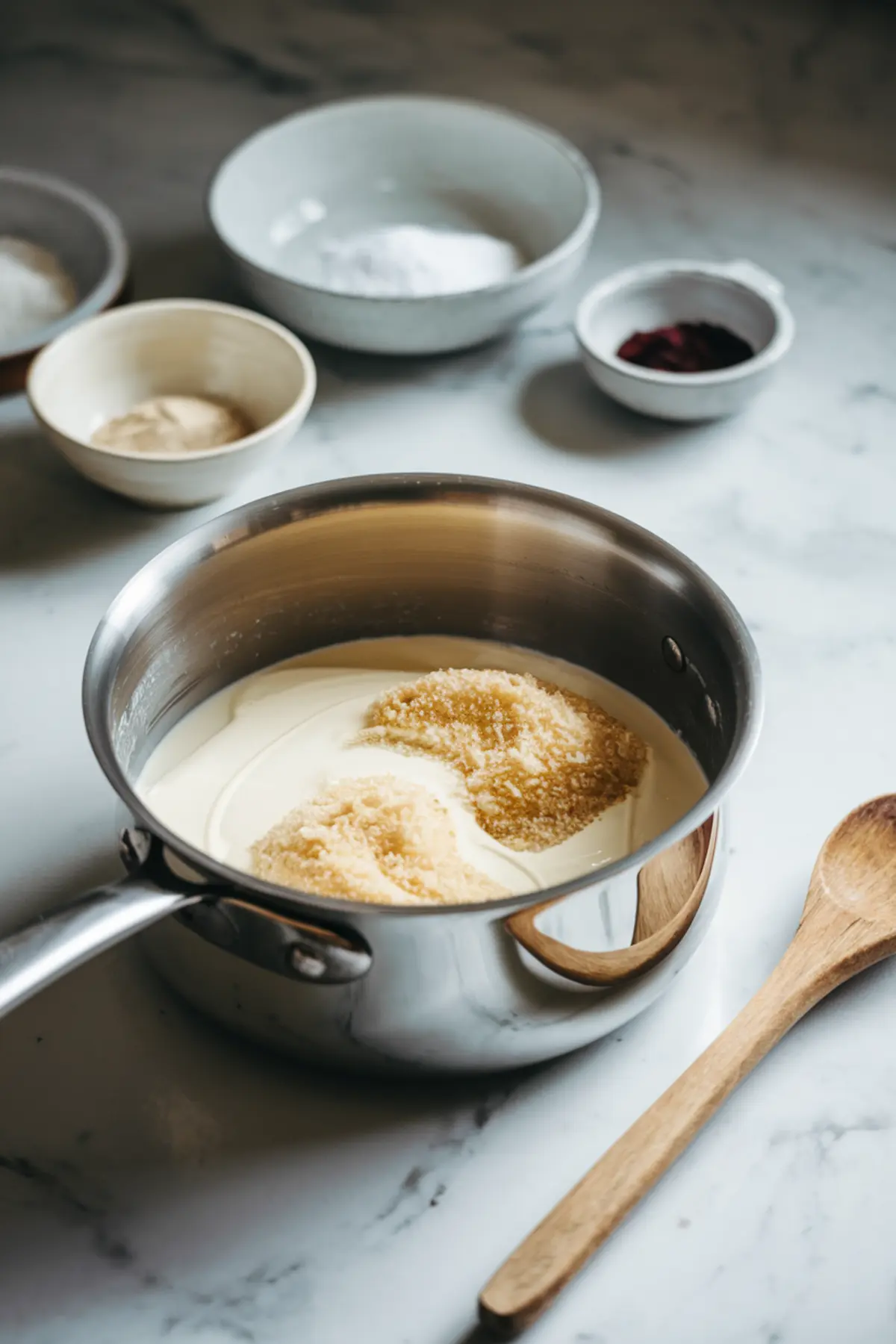 Cream and sugar mixture in a stainless steel saucepan surrounded by small ceramic bowls of powdered ingredients, showing the beginning steps of making lemon possets.
