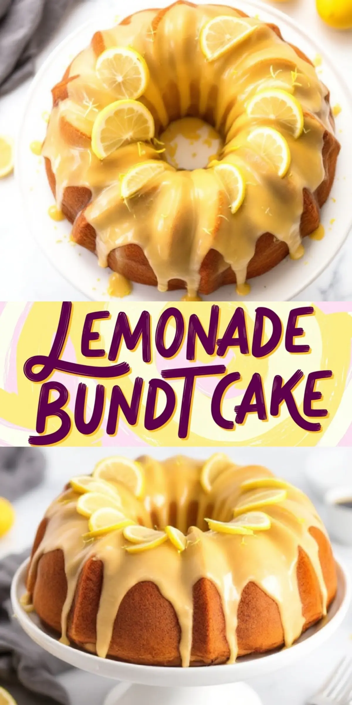 A lemonade bundt cake with bright yellow lemon glaze drizzled over a golden brown cake, topped with fresh lemon slices and lemon zest, styled on a white cake stand for a fresh and vibrant dessert look.