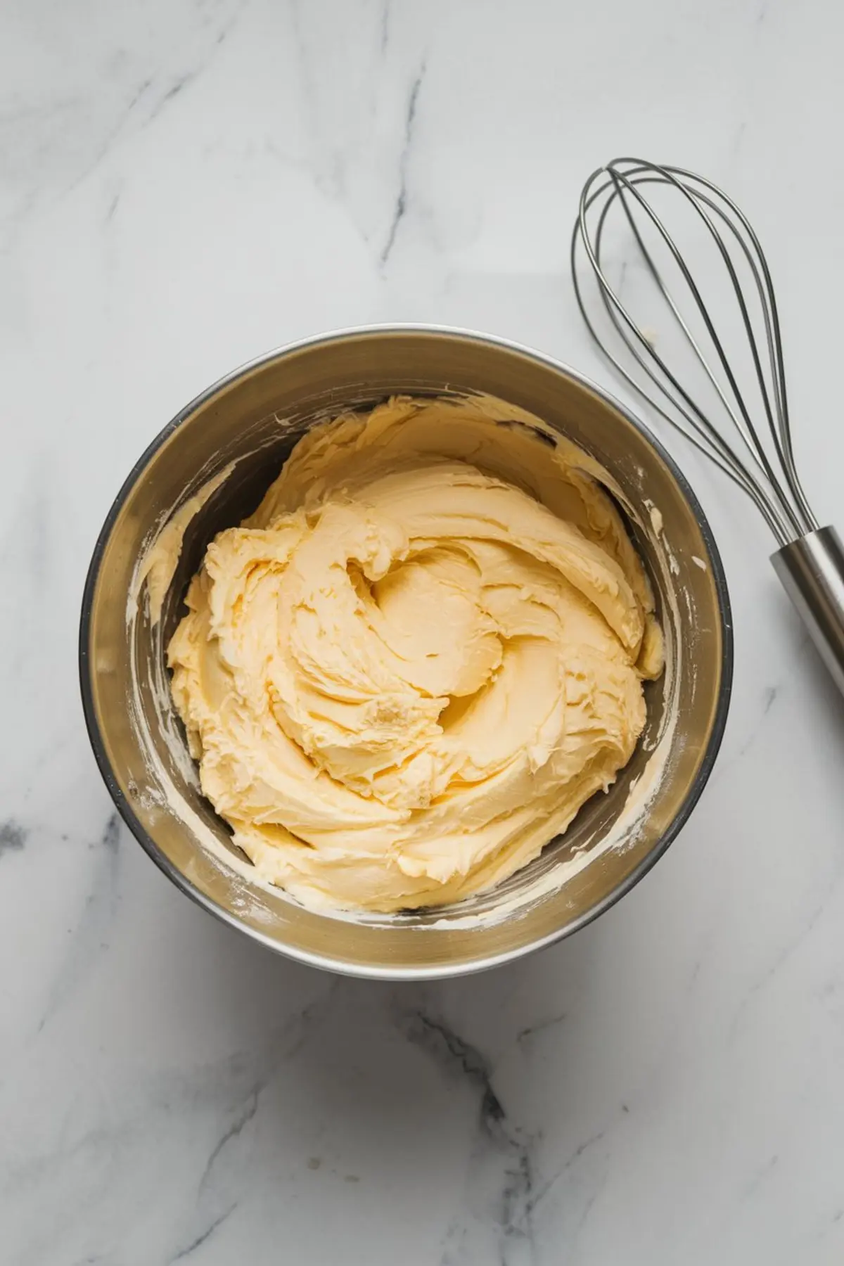 Creamy, whipped lemonade cake batter in a metal mixing bowl with a stainless steel whisk beside it, highlighting the smooth and fluffy consistency ready for baking.