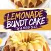 A lemonade bundt cake collage featuring a bright and zesty cake topped with lemon glaze and garnished with lemon slices, accompanied by a bold “Lemonade Bundt Cake, Try a Fresh Slice” text banner in vibrant yellow and purple tones.