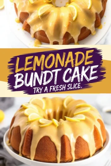 A lemonade bundt cake collage featuring a bright and zesty cake topped with lemon glaze and garnished with lemon slices, accompanied by a bold “Lemonade Bundt Cake, Try a Fresh Slice” text banner in vibrant yellow and purple tones.
