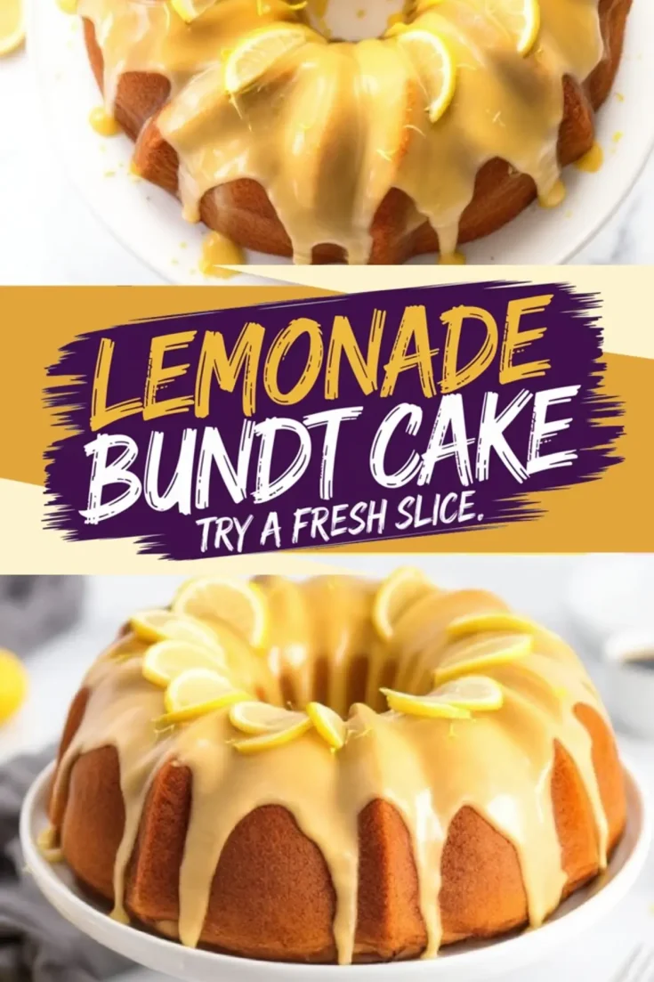 A lemonade bundt cake collage featuring a bright and zesty cake topped with lemon glaze and garnished with lemon slices, accompanied by a bold “Lemonade Bundt Cake, Try a Fresh Slice” text banner in vibrant yellow and purple tones.