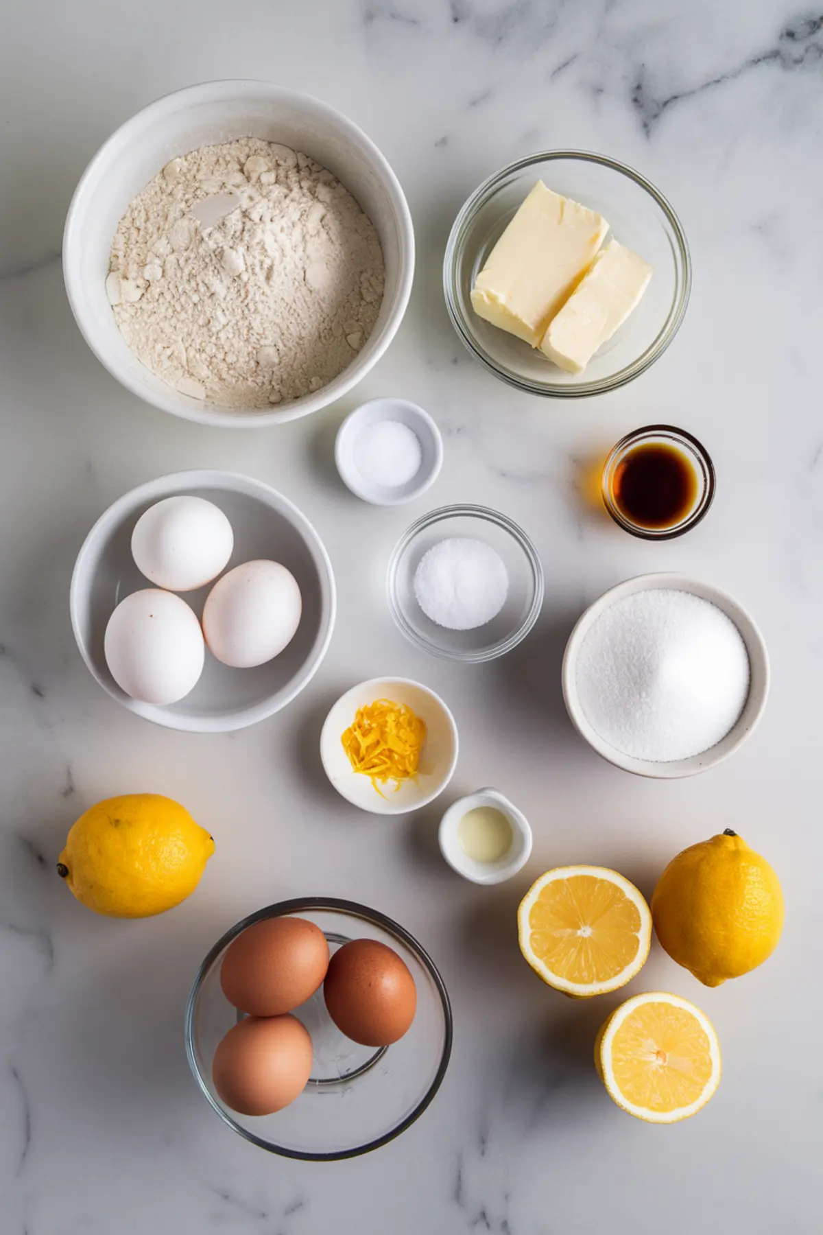 Flat lay of ingredients for making lemon tarts, displayed on a marble surface. Items include flour, sugar, eggs, butter, vanilla extract, salt, and fresh lemons, some whole and some cut in half. Small bowls contain lemon zest and lemon juice.