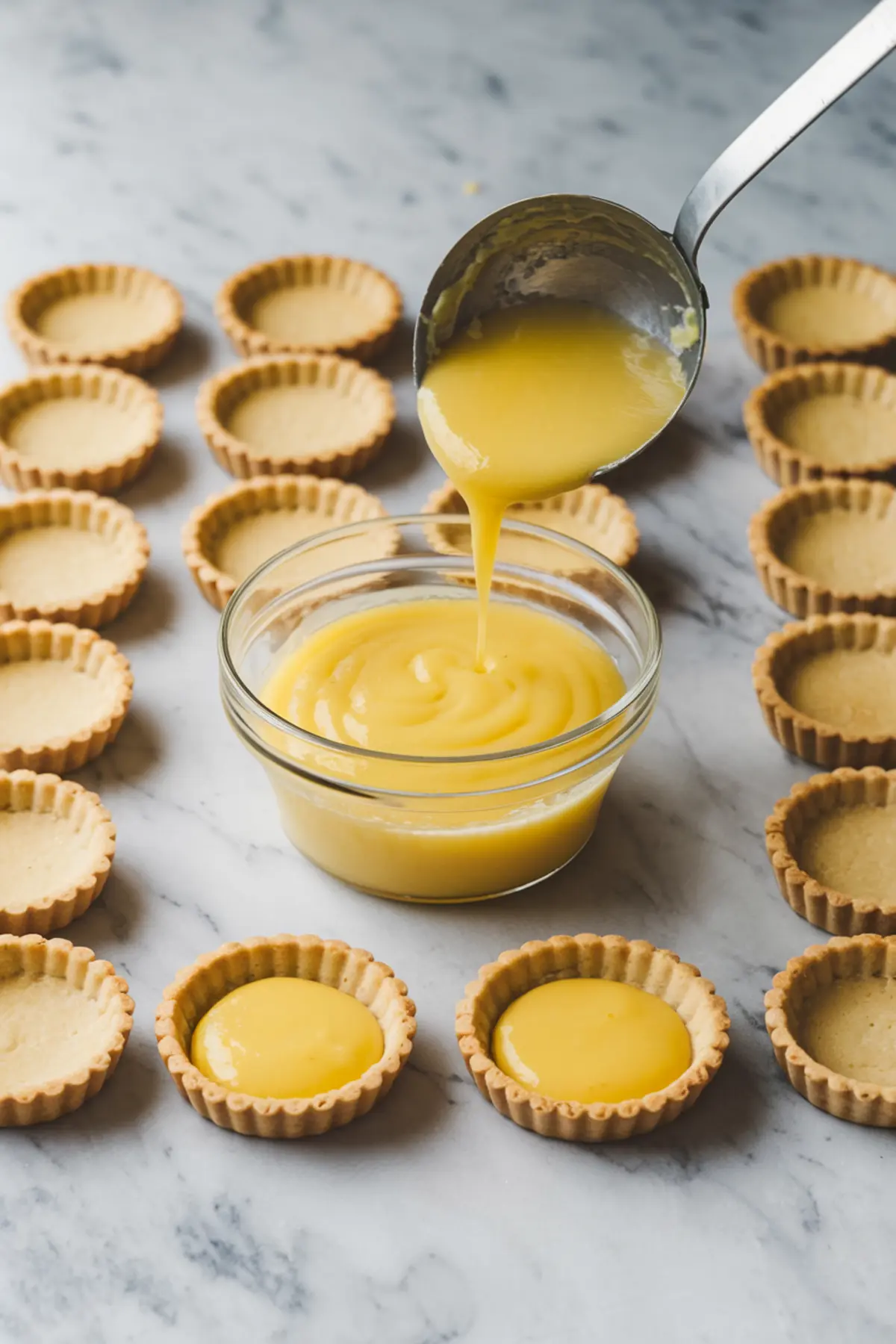 Close-up of tart shells being filled with smooth, glossy lemon curd. A metal ladle pours the custard into the empty pastry shells. A glass bowl of lemon curd sits in the center, surrounded by tart shells.