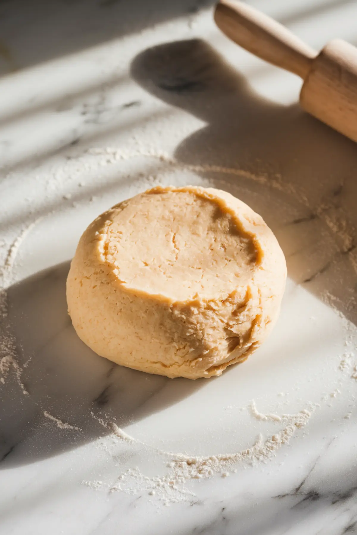 Dough for tart crust on a lightly floured marble surface. The dough is formed into a round disc, ready for rolling. A wooden rolling pin rests in the background, with soft shadows from natural light.