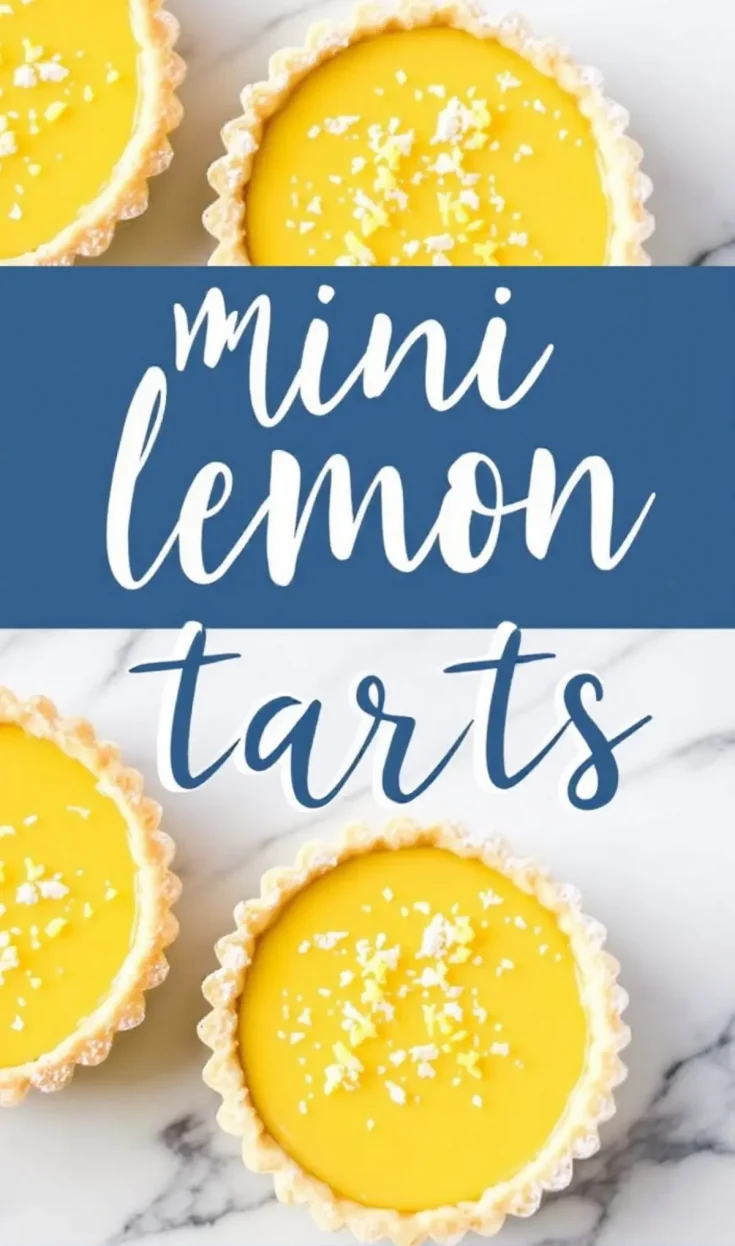 Overhead shot of two mini lemon tarts on a marble surface, each with a golden, flaky crust and a bright yellow filling. The tarts are sprinkled with powdered sugar and lemon zest. A bold blue text overlay reads “Mini Lemon Tarts.”