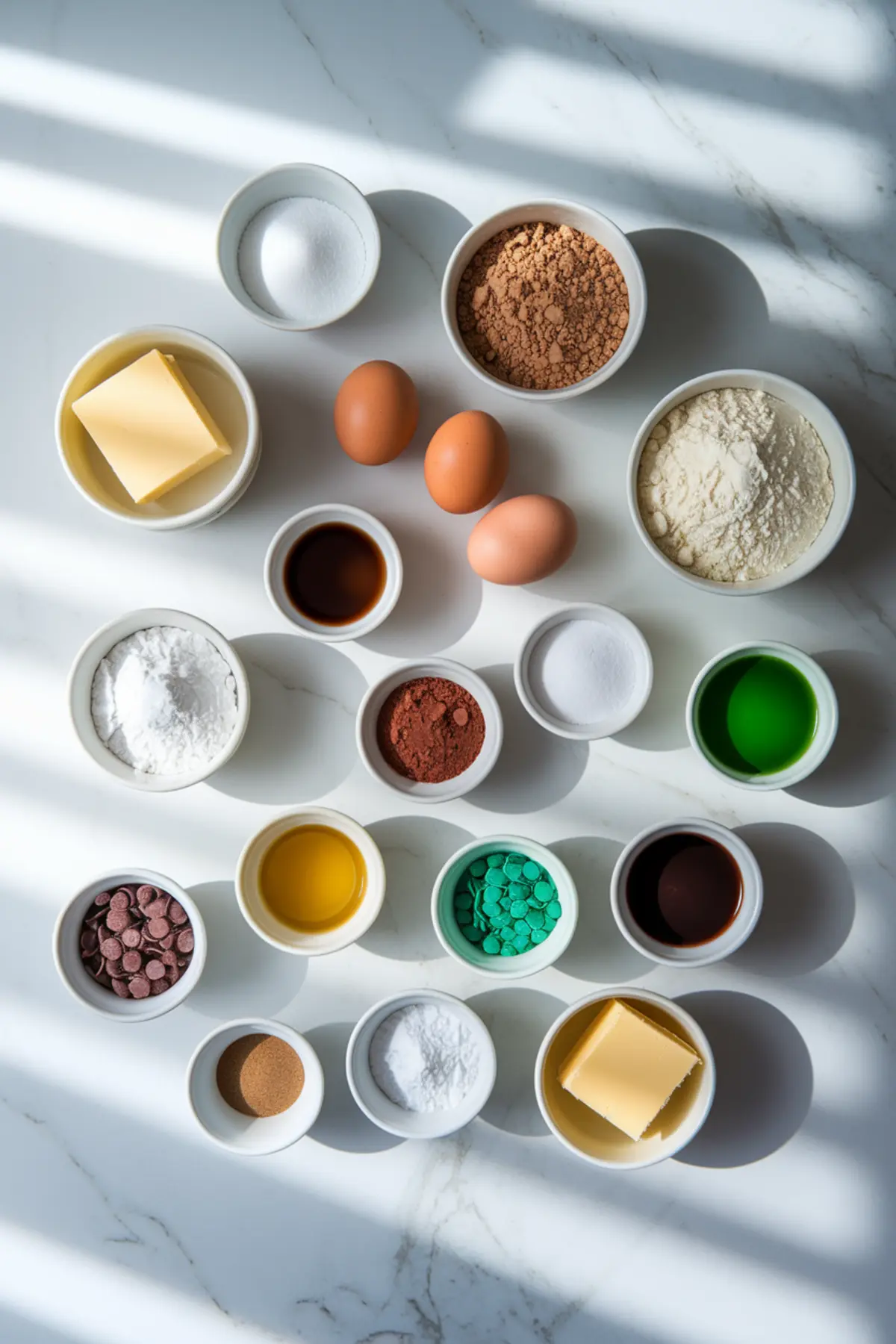A flat lay of baking ingredients arranged in small white bowls on a marble surface. The selection includes cocoa powder, flour, sugar, eggs, butter, vanilla extract, chocolate chips, green food coloring, and mint-flavored chocolate pieces, with sunlight casting soft shadows.