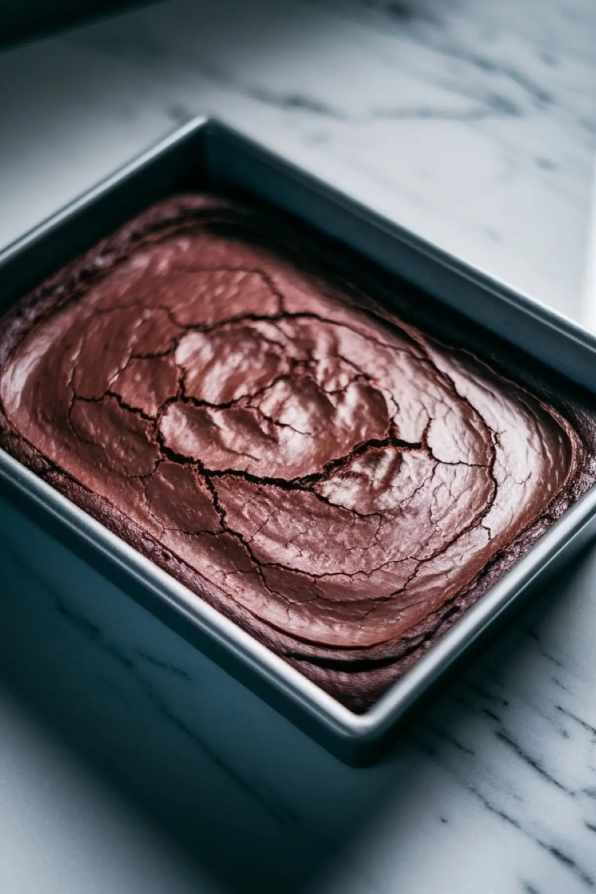 A freshly baked chocolate brownie in a rectangular baking pan, with a crackled top and deep brown color. The surface has a slightly domed shape, indicating a rich, fudgy texture inside.