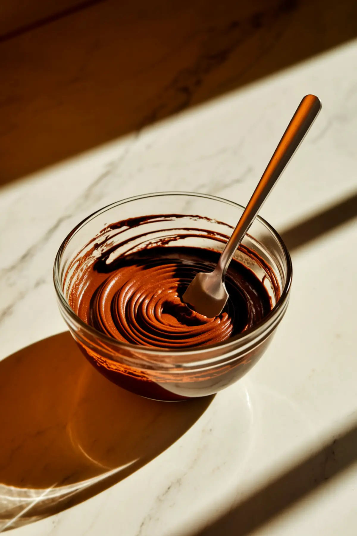 A glass bowl filled with glossy, freshly mixed chocolate ganache sits on a marble countertop, with a metal spatula resting inside. The rich, dark chocolate swirls create a smooth, velvety texture, reflecting warm sunlight.