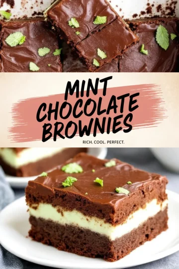 A collage featuring mint chocolate brownies. The top image shows brownies cut into squares, topped with shiny chocolate frosting and fresh mint leaves. The bottom image highlights a single brownie with distinct layers of fudgy chocolate, creamy mint filling, and a glossy chocolate topping. A text overlay in the center reads “Mint Chocolate Brownies” with the tagline “Rich. Cool. Perfect.”