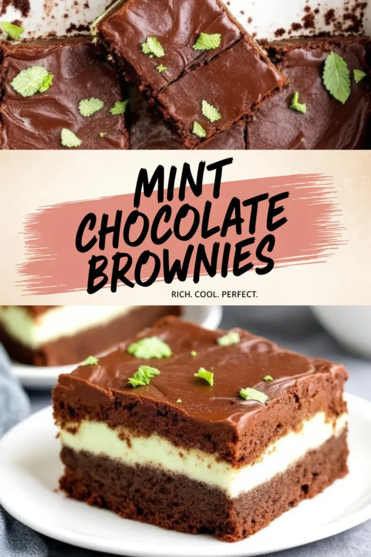 A collage featuring mint chocolate brownies. The top image shows brownies cut into squares, topped with shiny chocolate frosting and fresh mint leaves. The bottom image highlights a single brownie with distinct layers of fudgy chocolate, creamy mint filling, and a glossy chocolate topping. A text overlay in the center reads “Mint Chocolate Brownies” with the tagline “Rich. Cool. Perfect.”