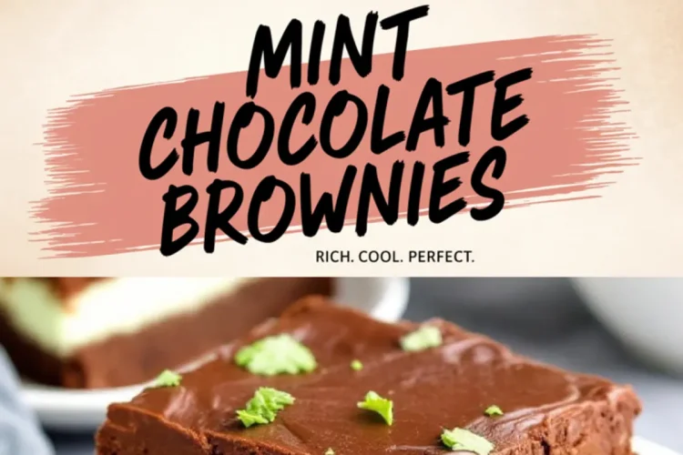 A collage featuring mint chocolate brownies. The top image shows brownies cut into squares, topped with shiny chocolate frosting and fresh mint leaves. The bottom image highlights a single brownie with distinct layers of fudgy chocolate, creamy mint filling, and a glossy chocolate topping. A text overlay in the center reads “Mint Chocolate Brownies” with the tagline “Rich. Cool. Perfect.”