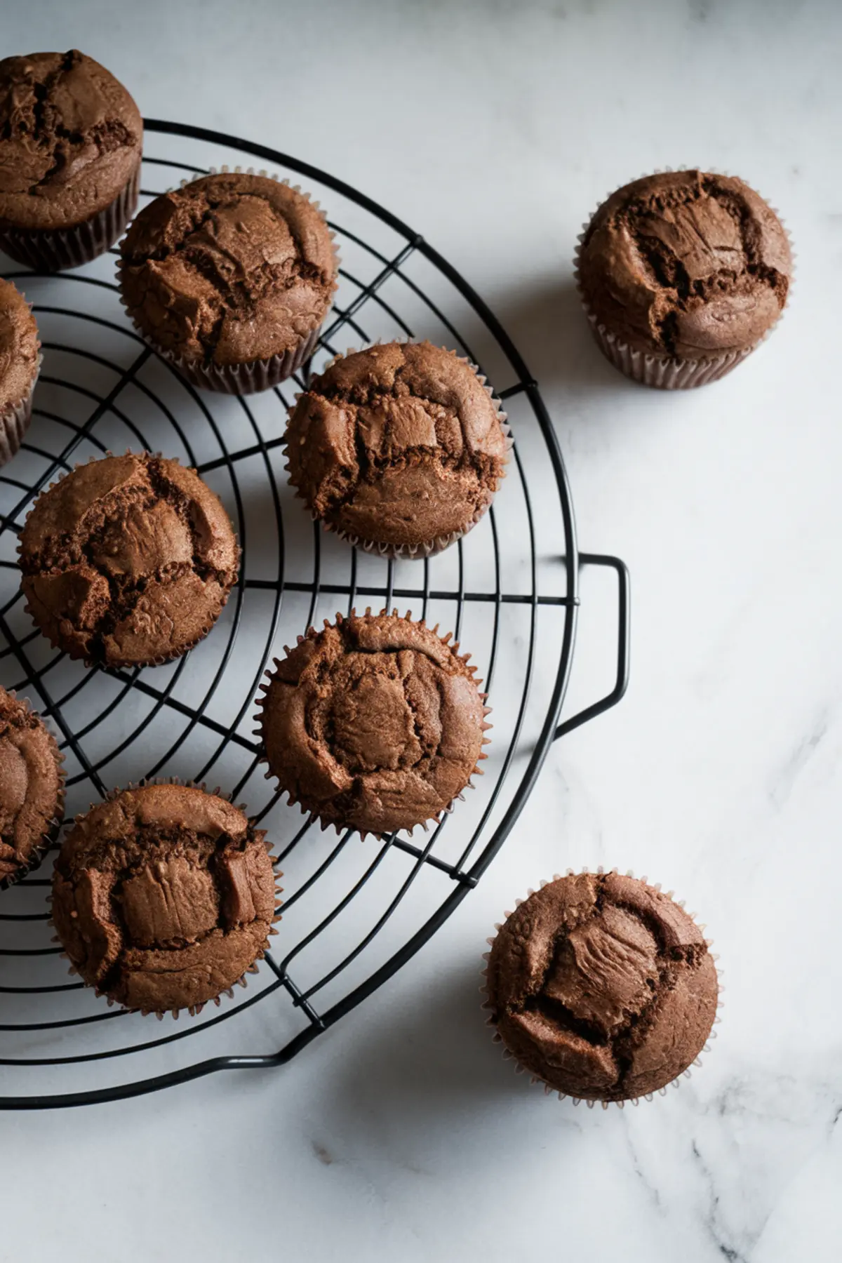 Freshly baked banana Nutella muffins cooling on a round black wire rack. The muffins have a dark golden-brown color with slightly cracked tops. The background is a white marble surface with soft, natural lighting.