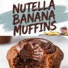 A collage featuring Nutella banana muffins. The top section showcases three muffins with Nutella swirls on top. The middle section has text reading “Nutella Banana Muffins” in a playful, chocolate-colored font with blue brushstrokes. The bottom section displays a close-up of a muffin with a bite taken out, revealing its soft, moist interior with Nutella spread on top. A small Nutella jar and banana slices are visible in the background.