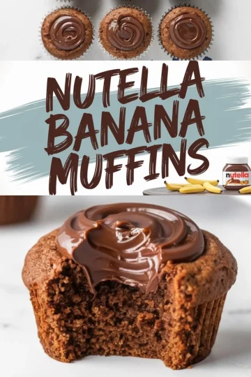 A collage featuring Nutella banana muffins. The top section showcases three muffins with Nutella swirls on top. The middle section has text reading “Nutella Banana Muffins” in a playful, chocolate-colored font with blue brushstrokes. The bottom section displays a close-up of a muffin with a bite taken out, revealing its soft, moist interior with Nutella spread on top. A small Nutella jar and banana slices are visible in the background.