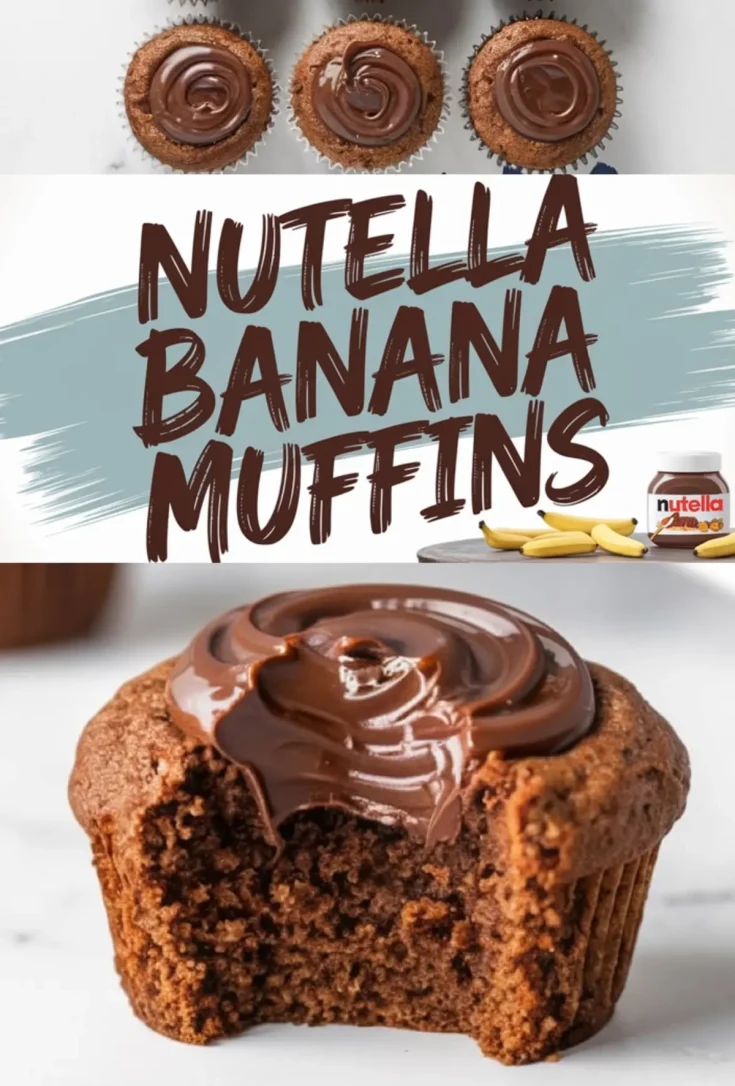 A collage featuring Nutella banana muffins. The top section showcases three muffins with Nutella swirls on top. The middle section has text reading “Nutella Banana Muffins” in a playful, chocolate-colored font with blue brushstrokes. The bottom section displays a close-up of a muffin with a bite taken out, revealing its soft, moist interior with Nutella spread on top. A small Nutella jar and banana slices are visible in the background.