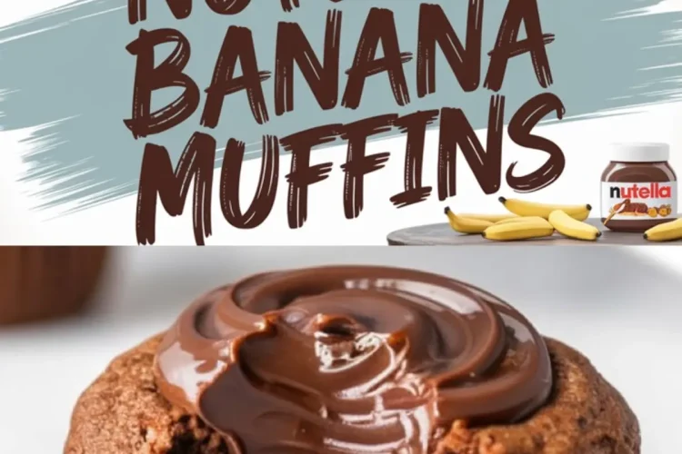 A collage featuring Nutella banana muffins. The top section showcases three muffins with Nutella swirls on top. The middle section has text reading “Nutella Banana Muffins” in a playful, chocolate-colored font with blue brushstrokes. The bottom section displays a close-up of a muffin with a bite taken out, revealing its soft, moist interior with Nutella spread on top. A small Nutella jar and banana slices are visible in the background.