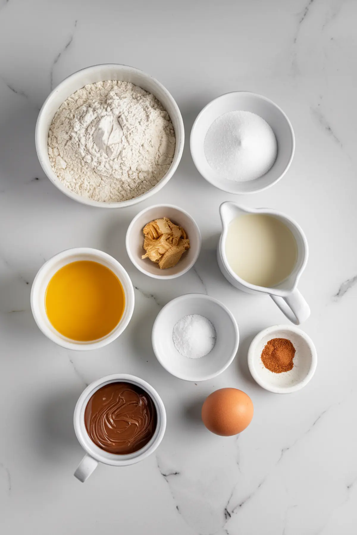 A variety of ingredients neatly arranged in white bowls on a marble countertop, including flour, sugar, peanut butter, milk, salt, Nutella, an egg, and cinnamon powder. The layout shows all essential items required to make delicious Nutella cinnamon rolls.