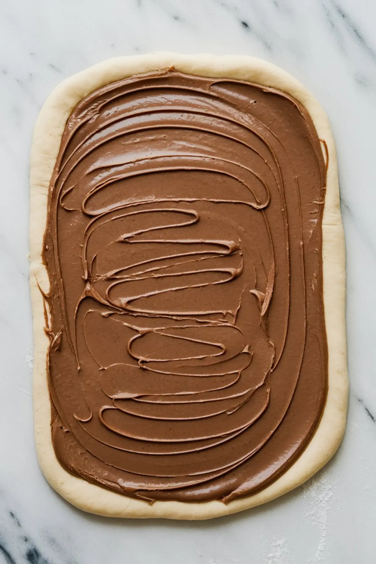 A rectangle of rolled-out dough spread with a smooth layer of Nutella, showing a glossy, rich chocolate-hazelnut layer spread evenly across the dough.