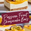 Close-up of a single passion fruit cheesecake bar with a smooth cheesecake filling, biscuit base, and glossy passion fruit topping, garnished with a halved passion fruit for vibrant contrast.