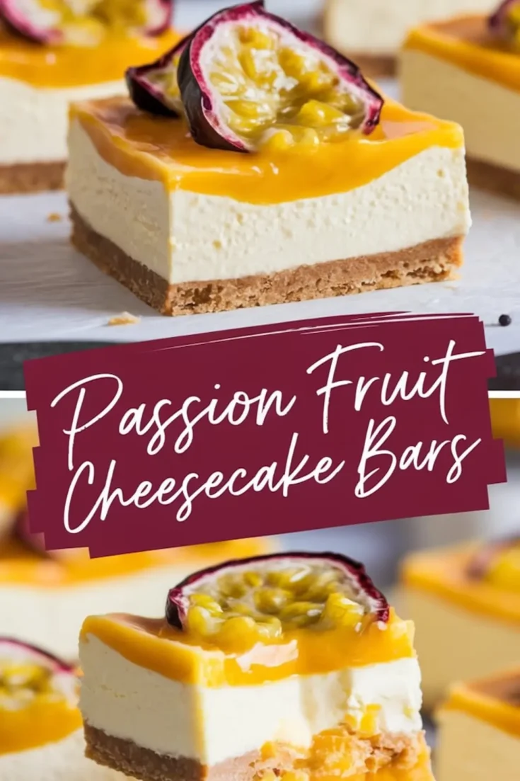 Close-up of a single passion fruit cheesecake bar with a smooth cheesecake filling, biscuit base, and glossy passion fruit topping, garnished with a halved passion fruit for vibrant contrast.