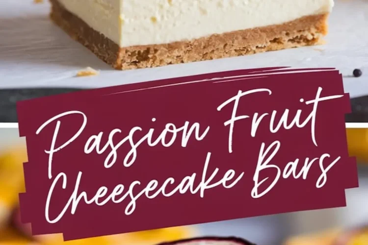 Close-up of a single passion fruit cheesecake bar with a smooth cheesecake filling, biscuit base, and glossy passion fruit topping, garnished with a halved passion fruit for vibrant contrast.