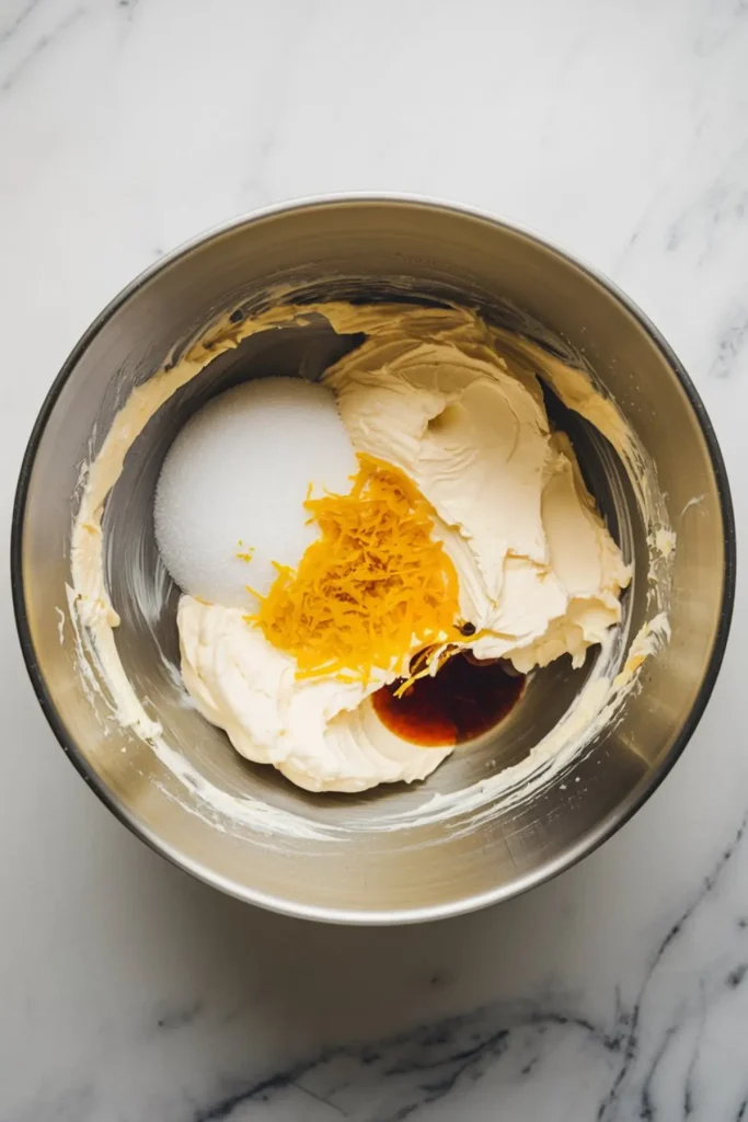 Stainless steel mixing bowl with cream cheese, granulated sugar, lemon zest, and vanilla extract on a marble surface, showing cheesecake filling ingredients before mixing.