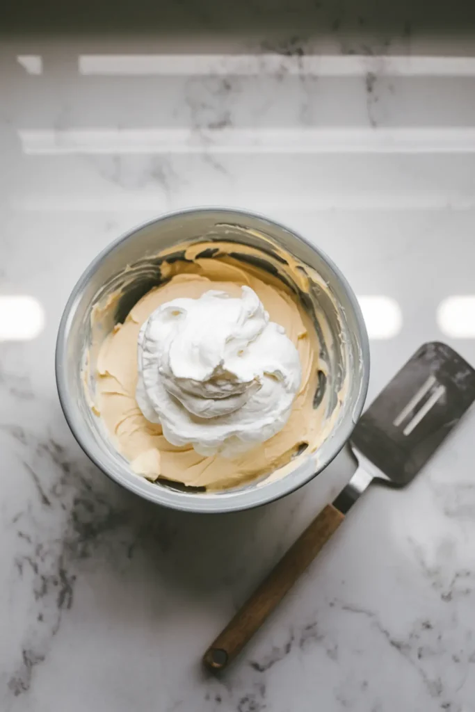 Large mixing bowl with whipped cream atop a blended cheesecake batter on a marble countertop, showing the step of folding whipped cream into cheesecake mixture.
