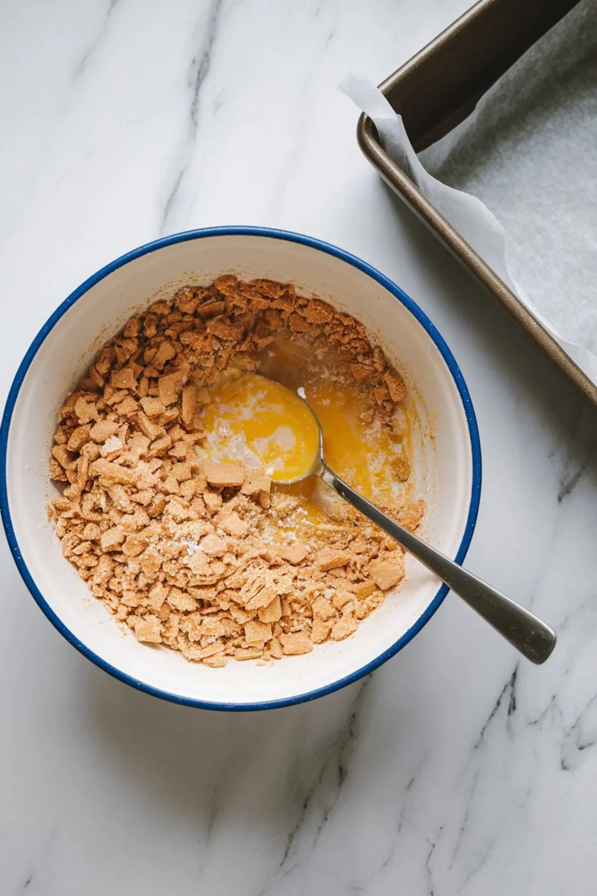 Crushed graham crackers mixed with melted butter and sugar in a white bowl with a metal spoon, placed beside a lined baking tray, capturing crust preparation.