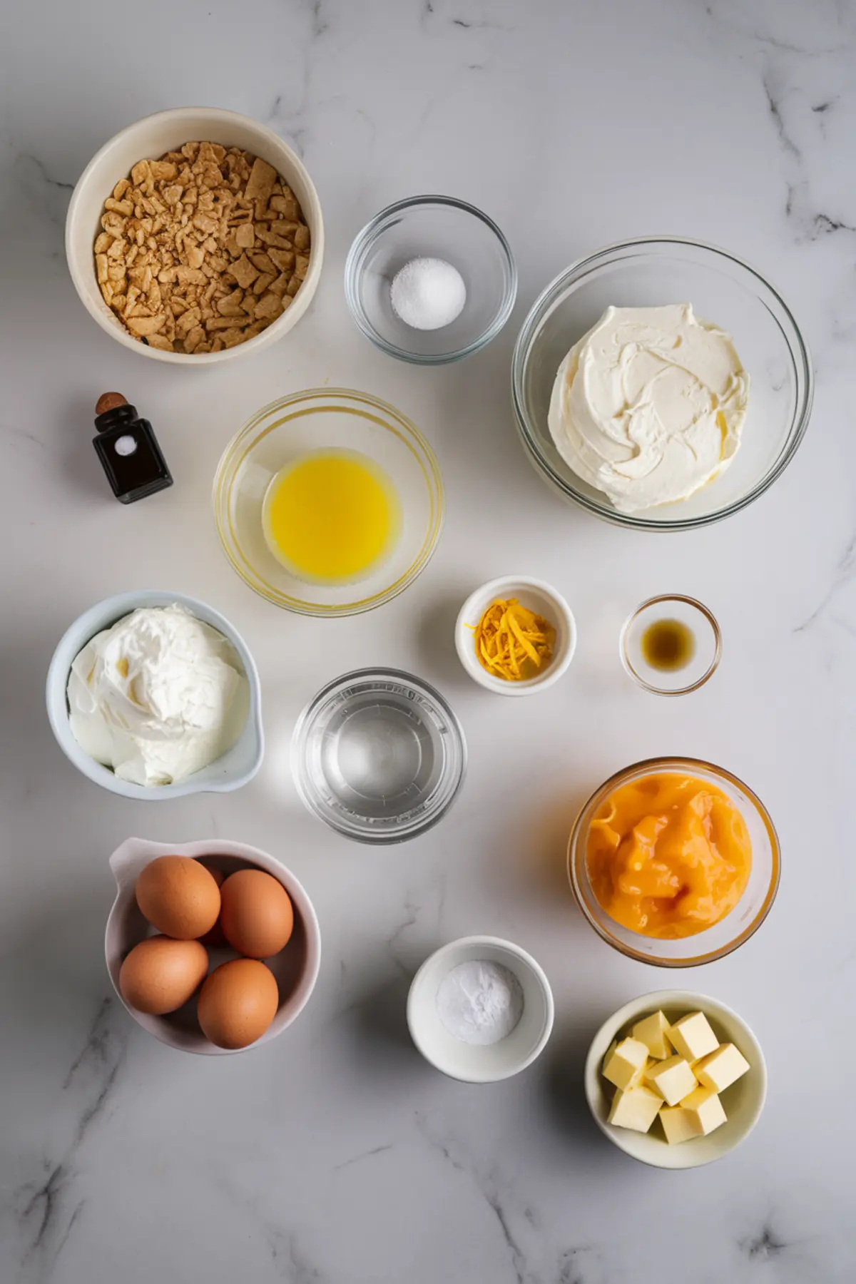 Flat lay of cheesecake ingredients including cream cheese, sour cream, eggs, vanilla, lemon zest, sugar, butter, graham cracker crumbs, and passion fruit curd in bowls on a white marble surface.