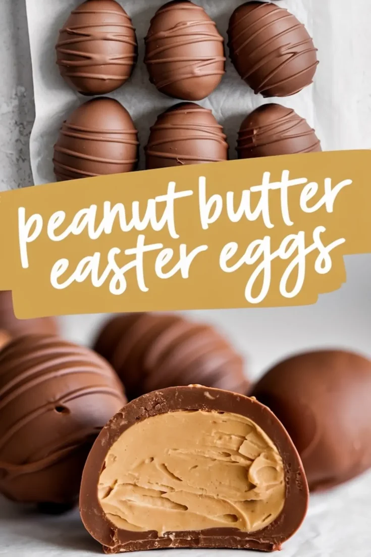 A tray of glossy, chocolate-dipped peanut butter eggs with a cut-open egg in the foreground displaying the smooth peanut butter filling inside. The parchment-lined tray is placed on a white surface. A text overlay in bold, handwritten font reads “peanut butter Easter eggs.”