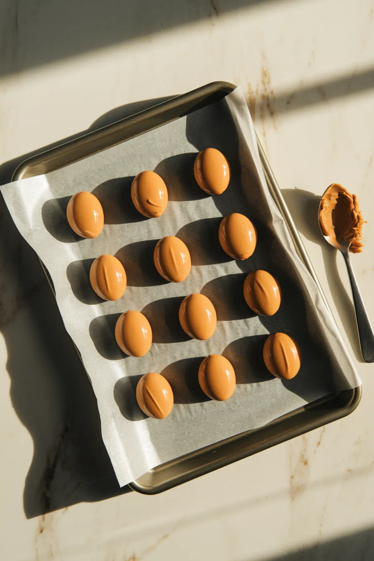 A baking sheet lined with parchment paper holds smooth, oval-shaped peanut butter filling coated in a glossy peanut butter shell. The tray sits on a marble countertop with a spoon of peanut butter nearby, bathed in warm sunlight.