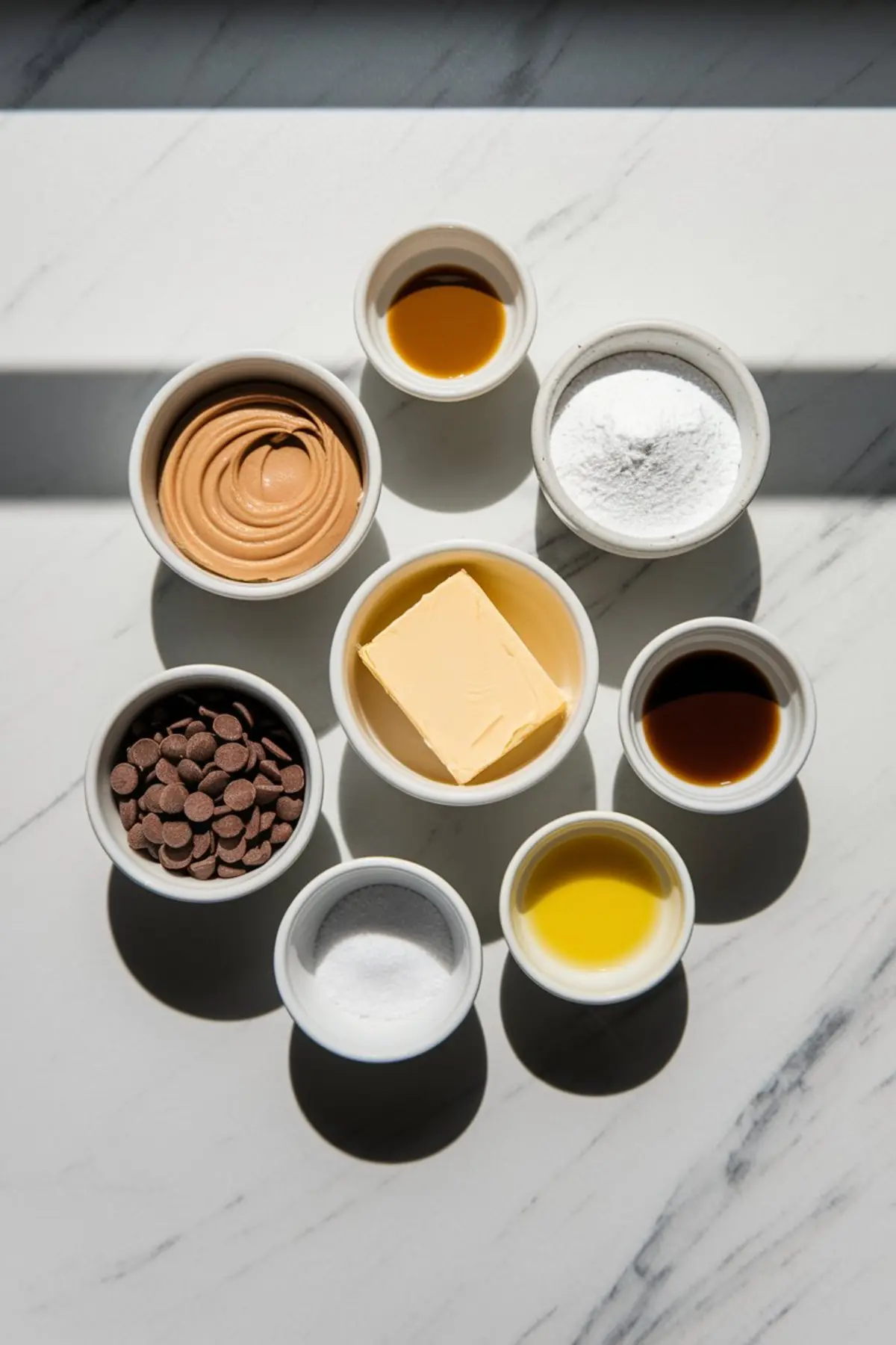 A flat-lay arrangement of ingredients for homemade peanut butter eggs, including creamy peanut butter, powdered sugar, chocolate chips, butter, vanilla extract, and oil, displayed in small white bowls on a white marble surface with soft shadows.