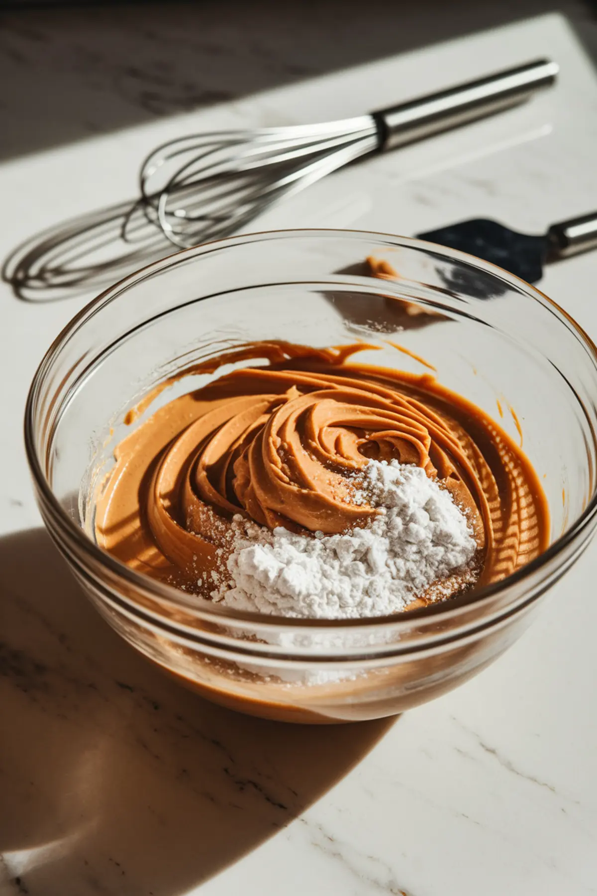 A glass mixing bowl with swirled peanut butter filling and a mound of powdered sugar sits on a marble countertop. A metal whisk and a spatula rest in the background, catching the sunlight.