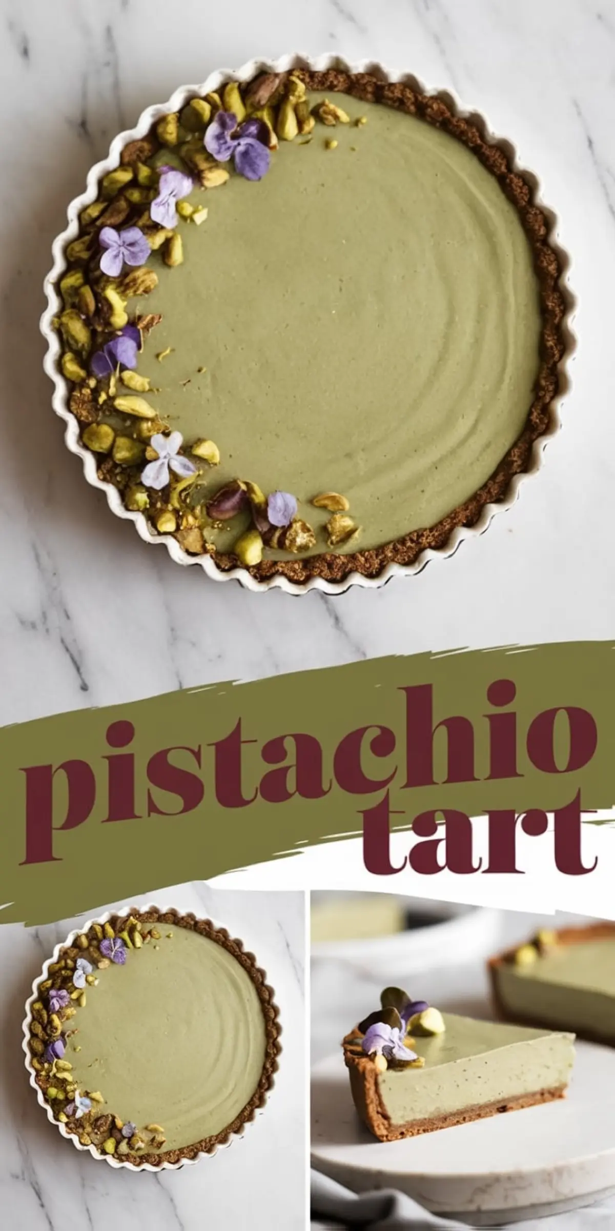 Collage showing a pistachio tart with a smooth green filling in a fluted tart pan, decorated with crushed pistachios and purple edible flowers, a full top view, and a sliced serving on a plate highlighting the creamy texture and golden crust.
