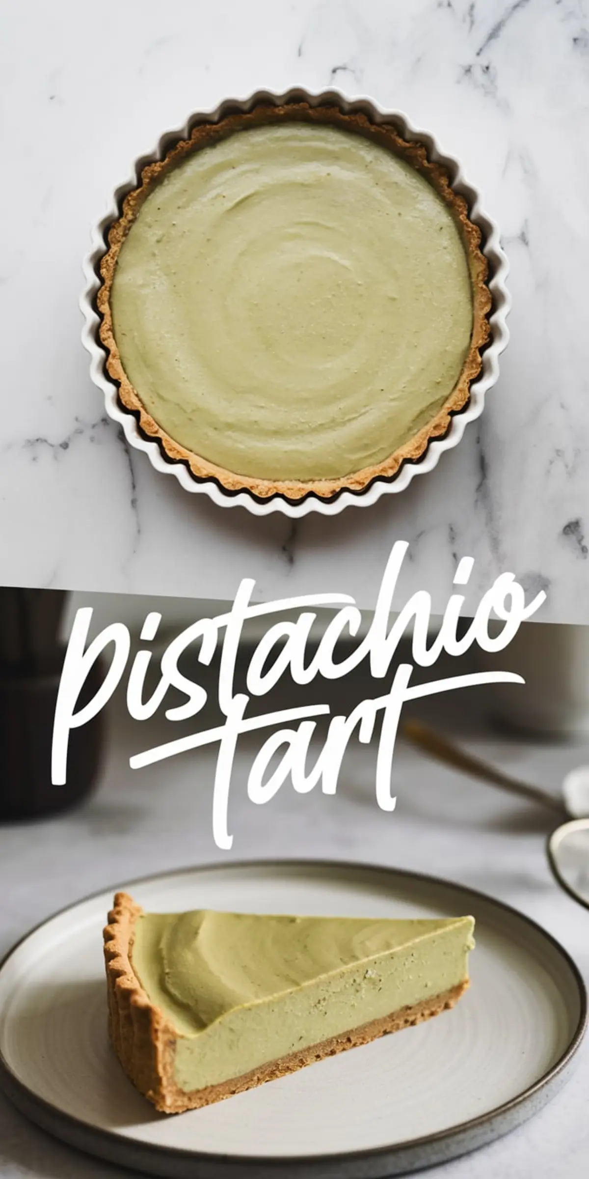 Collage displaying a whole pistachio tart with a velvety green surface and a clean, baked crust, alongside a plated slice showcasing the dense, creamy pistachio filling and golden crust.
