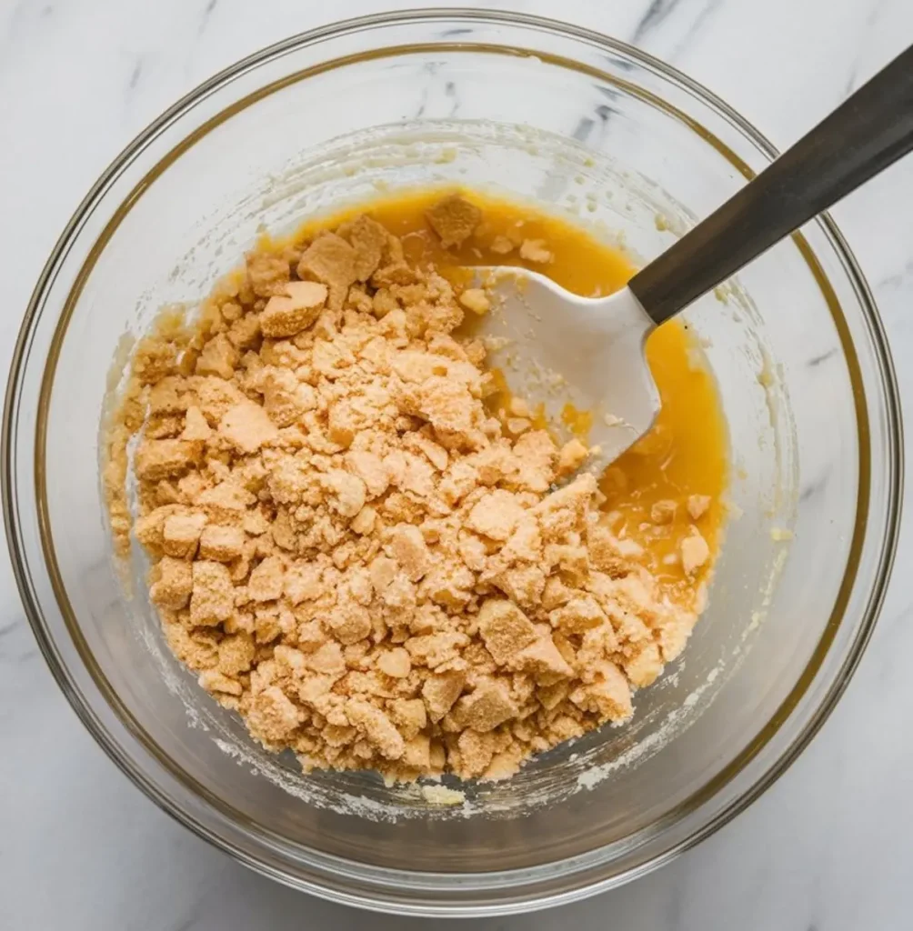 Glass mixing bowl filled with crushed graham crackers and melted butter being mixed with a spatula, captured mid-preparation for tart crust.
