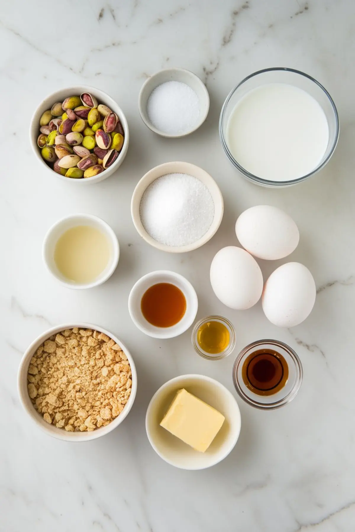 Overhead view of tart ingredients arranged in small bowls, including pistachios, eggs, sugar, milk, vanilla extract, butter, and crushed cookies on a white marble surface.
