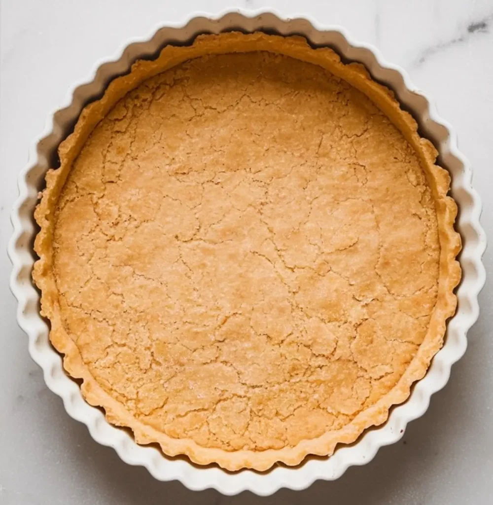 Baked tart crust in a white ceramic tart pan, with a golden, cracked surface and neatly shaped fluted edges.
