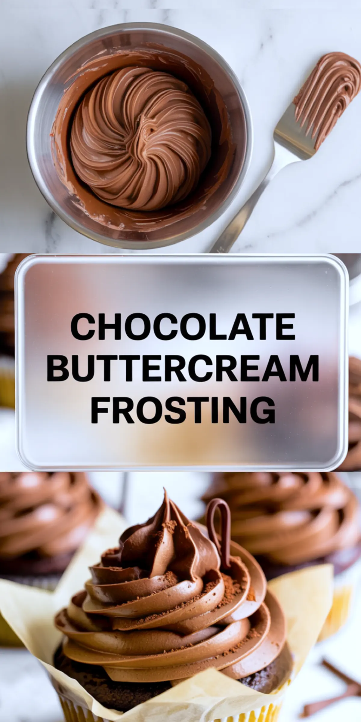 Top view of chocolate buttercream frosting swirled in a mixing bowl with a spatula, paired with a bottom image showing chocolate cupcakes topped with tall, glossy chocolate buttercream and dusted with cocoa powder. This collage illustrates a chocolate buttercream frosting recipe from preparation to cupcake decoration, ideal for showcasing homemade frosting techniques.
