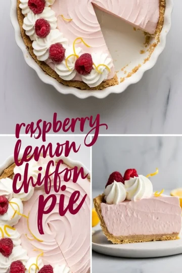 Raspberry lemon chiffon pie collage featuring a top-down view of the pie with a missing slice, close-up of whipped cream swirls and raspberries, and a profile view of a single slice on a plate.