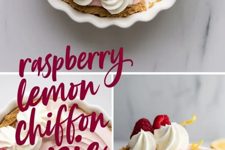 Raspberry lemon chiffon pie collage featuring a top-down view of the pie with a missing slice, close-up of whipped cream swirls and raspberries, and a profile view of a single slice on a plate.