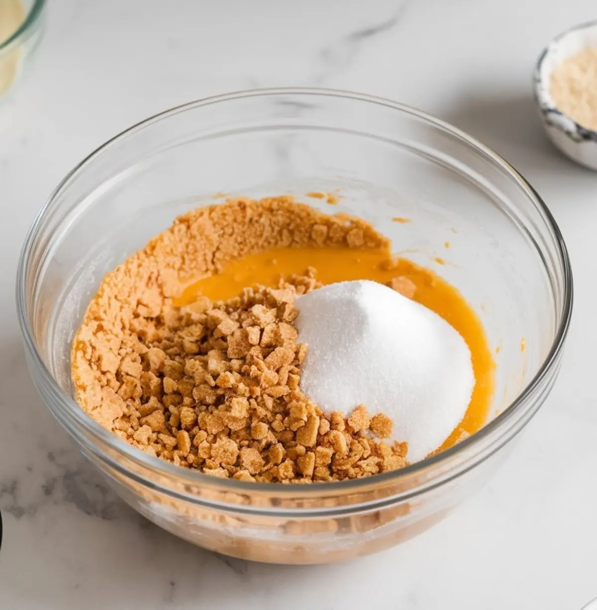 Clear glass mixing bowl with graham cracker crumbs, melted butter, and sugar, showing the initial steps of making a homemade pie crust on a marble surface.