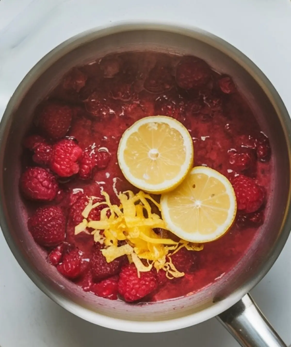 Saucepan with simmering raspberries, lemon zest, and lemon slices, capturing the vibrant pink color and texture of a fresh raspberry lemon filling in progress.