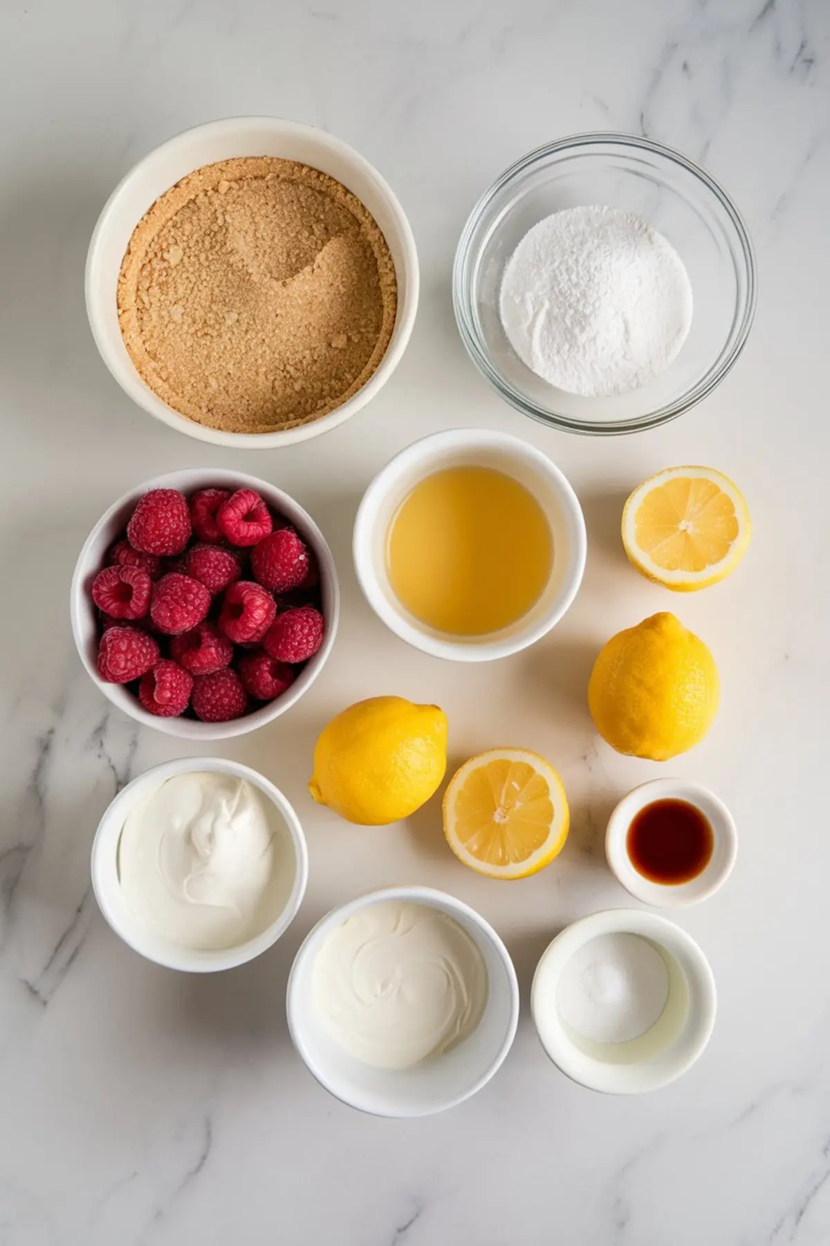 Flat lay of raspberry lemon chiffon pie ingredients on a marble countertop, including fresh raspberries, lemons, lemon juice, graham cracker crumbs, granulated sugar, sour cream, vanilla extract, and whipped cream, arranged in white bowls for a clean baking aesthetic.