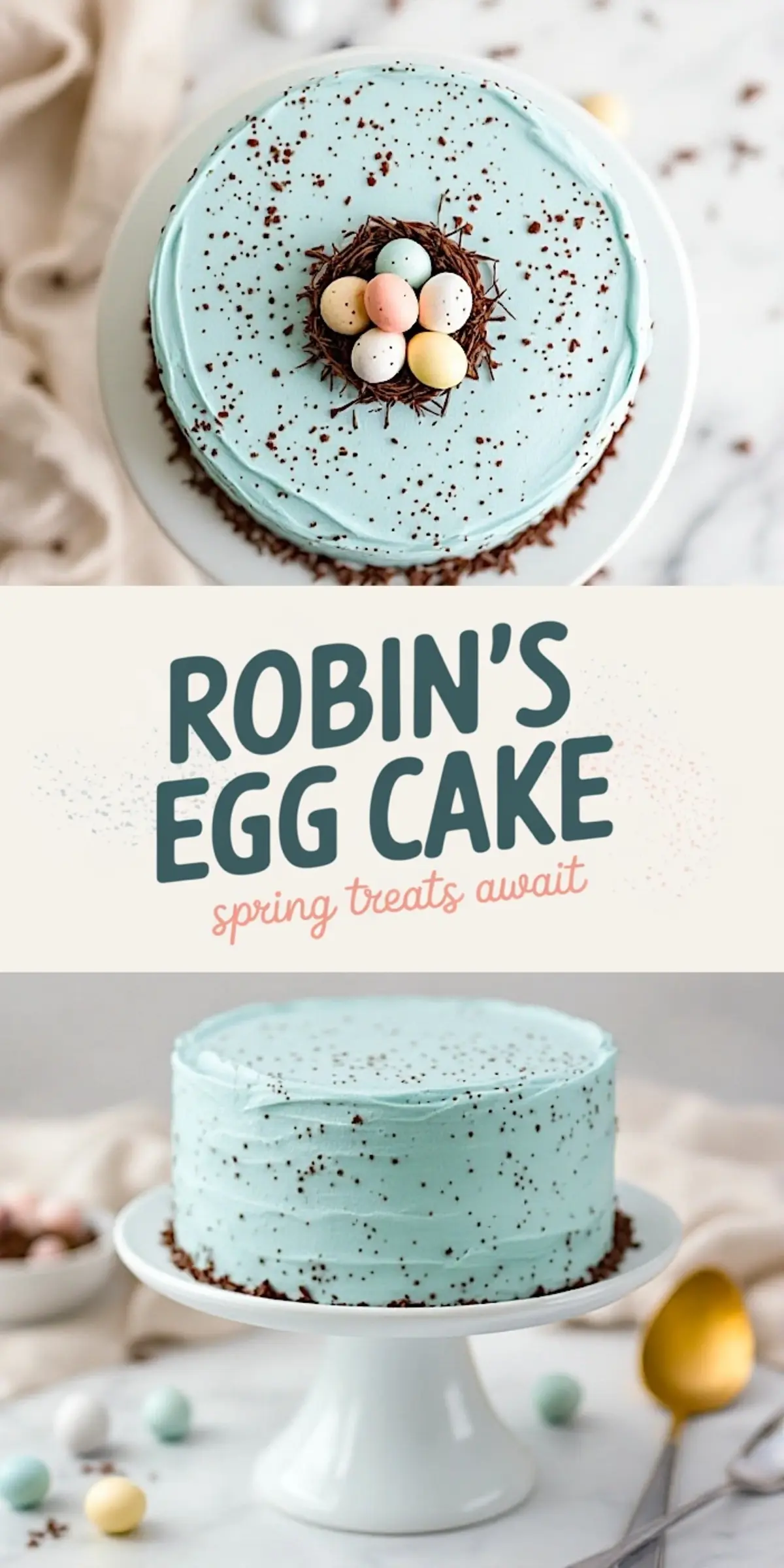 A collage of two images featuring a Robin’s Egg Cake. The top image shows a round cake with pastel blue frosting, speckled with brown flecks, and topped with a chocolate nest holding pastel candy eggs. The bottom image presents the whole cake on a white cake stand. The text “Robin’s Egg Cake - Spring treats await” is displayed in the center.