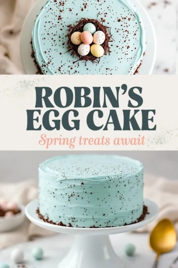 A collage of two images featuring a Robin’s Egg Cake. The top view showcases the cake’s pastel blue frosting, chocolate nest, and candy eggs, while the bottom displays the cake on a white pedestal stand. The text “Robin’s Egg Cake - Spring treats await” is in the center.