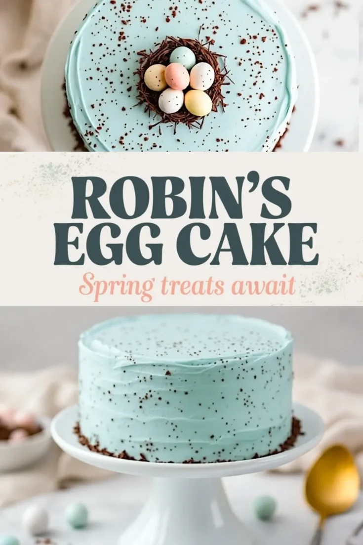 A collage of two images featuring a Robin’s Egg Cake. The top view showcases the cake’s pastel blue frosting, chocolate nest, and candy eggs, while the bottom displays the cake on a white pedestal stand. The text “Robin’s Egg Cake - Spring treats await” is in the center.
