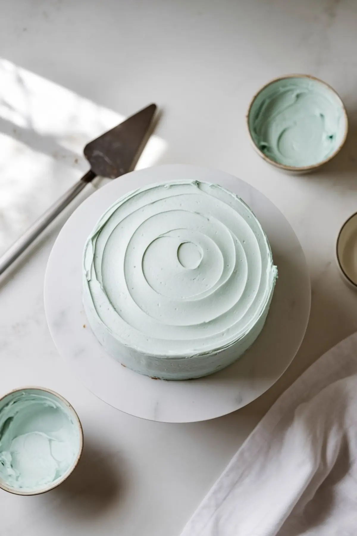 A round cake with smooth pastel blue buttercream frosting, decorated with concentric swirls on top. The cake sits on a white marble cake stand, with small bowls of extra frosting and a cake server nearby on a white surface.